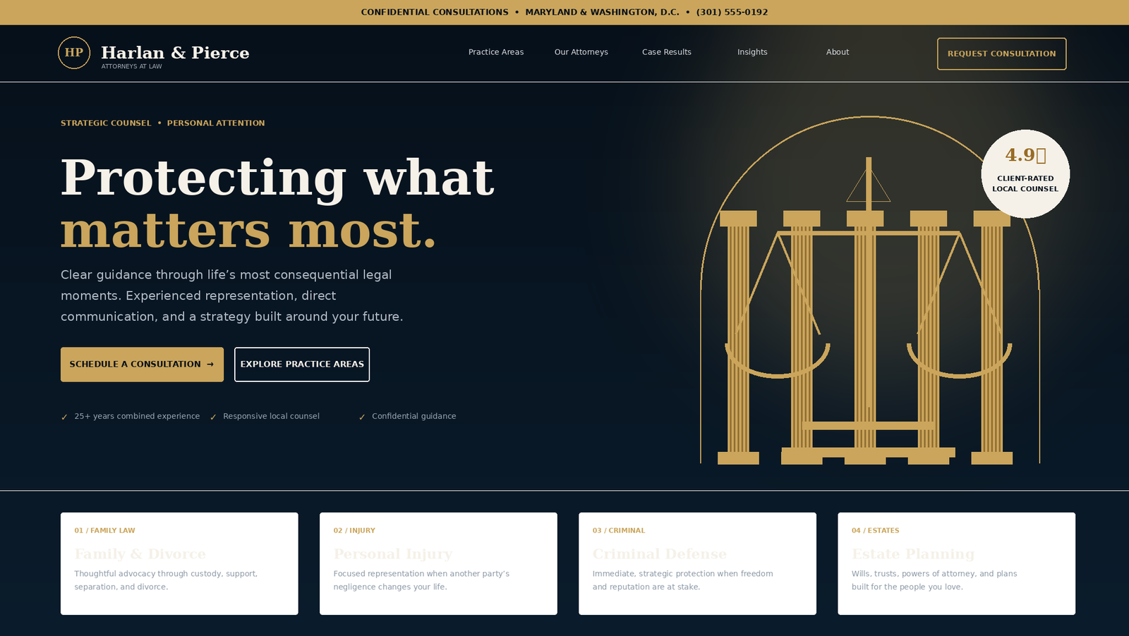 A premium dark navy and gold law firm homepage concept