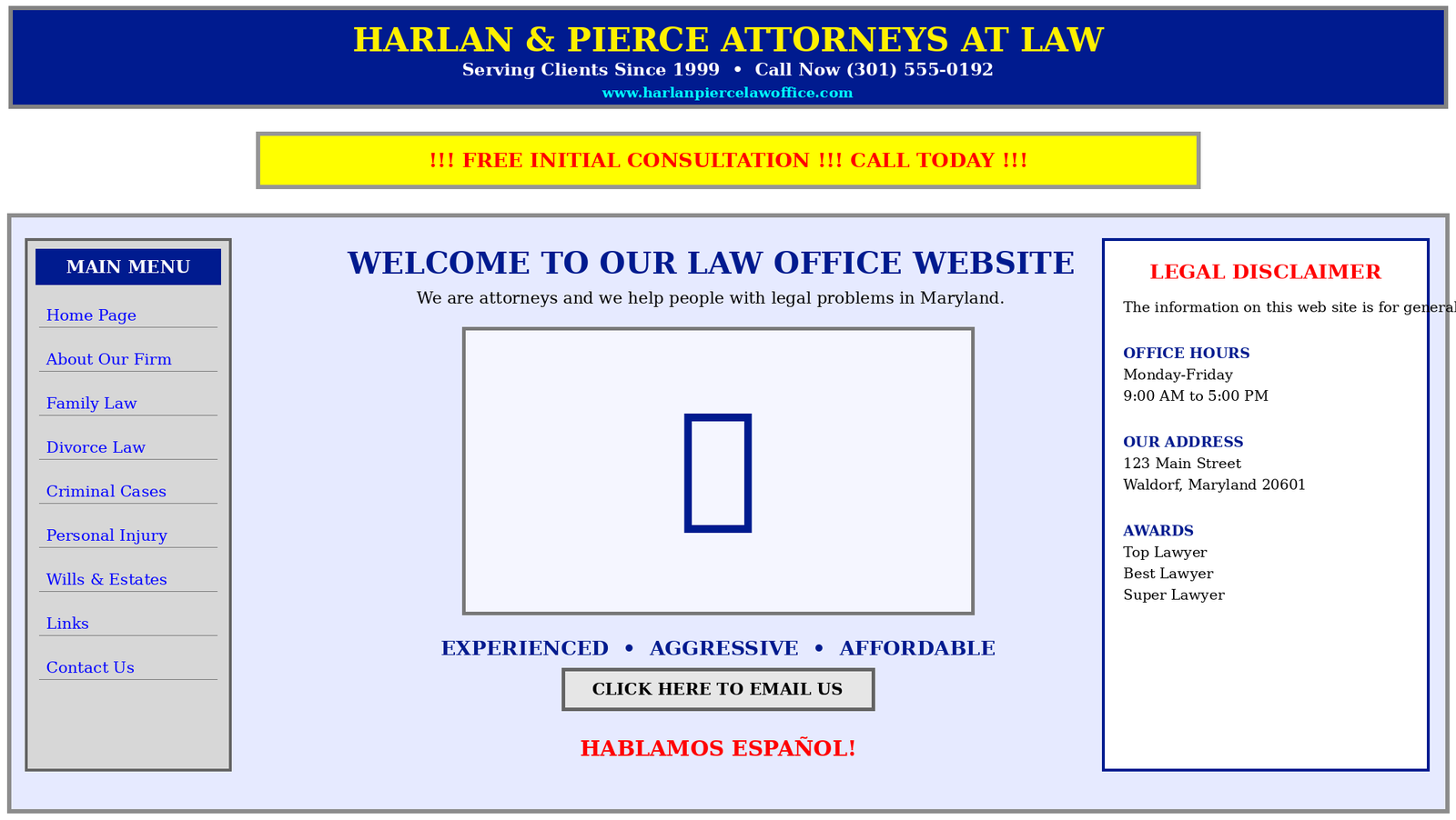 An outdated fictional law firm website