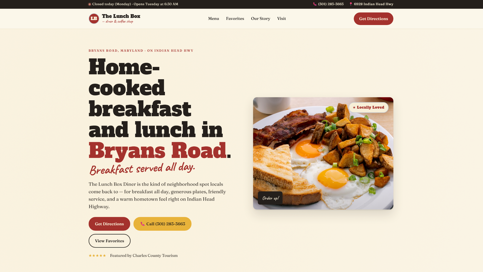 A modern cream, red and brown homepage concept for The Lunch Box Diner