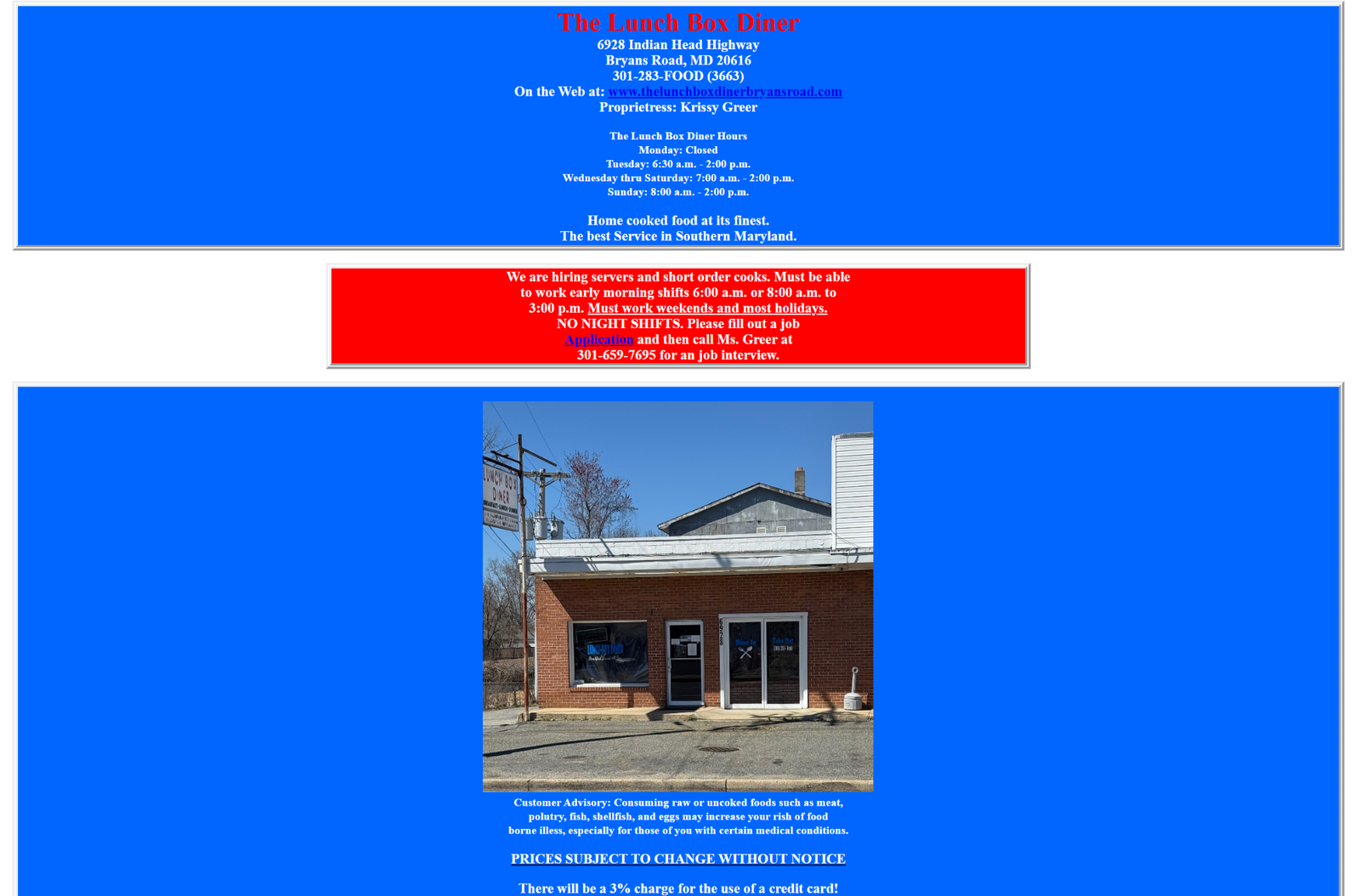 The Lunch Box Diner's old blue text-heavy website